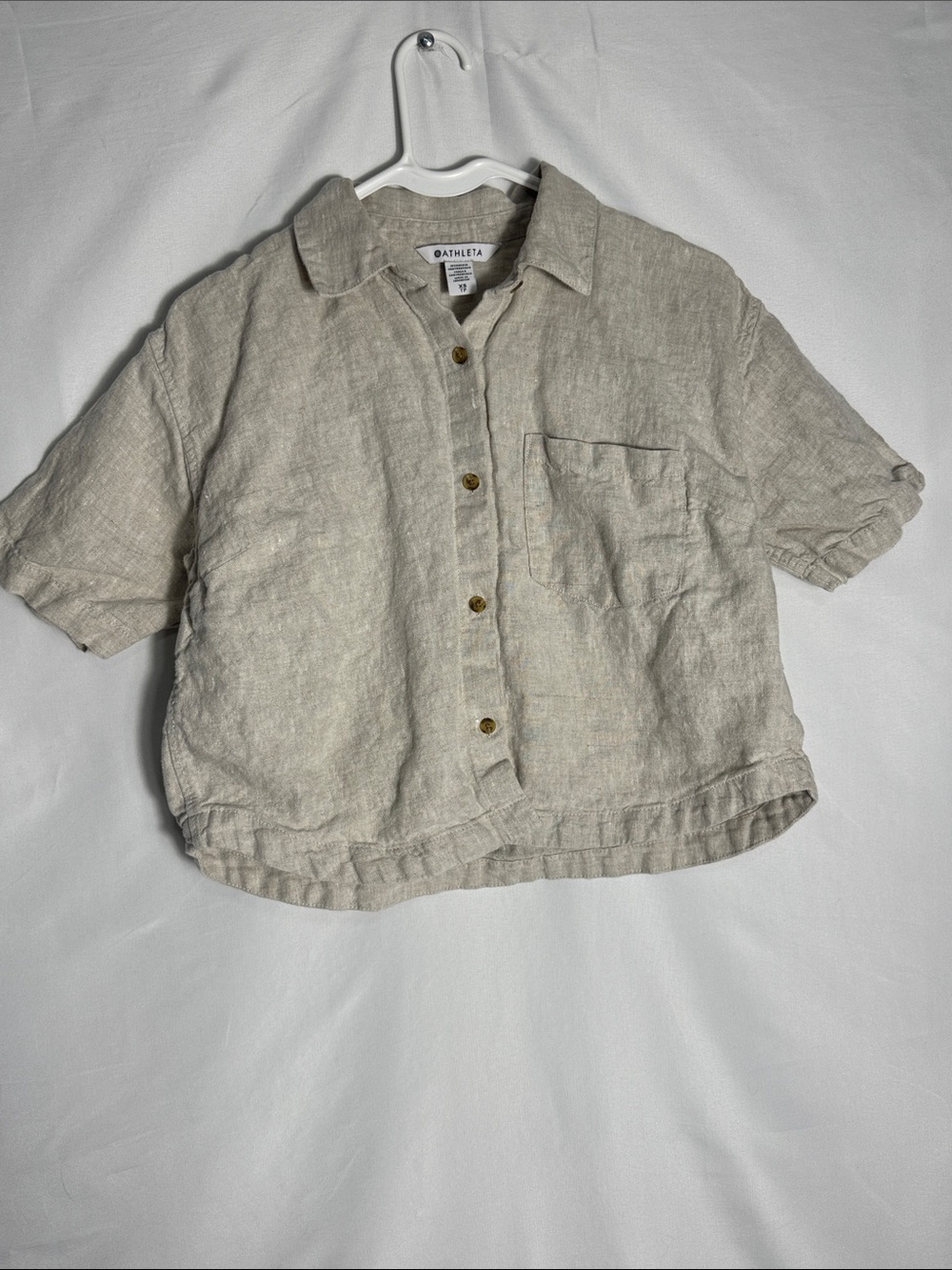 Athleta Retreat Linen Beige Short-Sleeve Cropped Boxy Button-Down Shirt XS